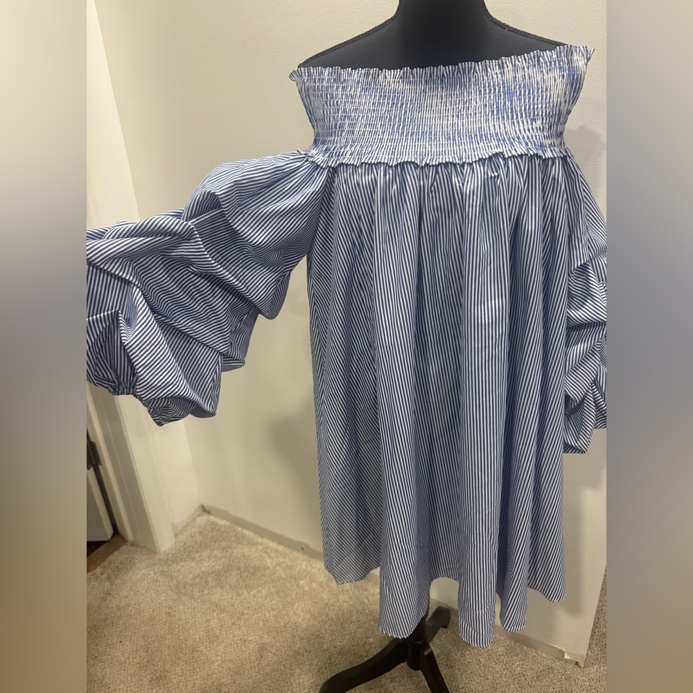 Gracia Blue and White Striped Off the Shoulder Swing Dress